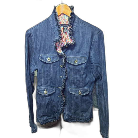 Boston Proper Denim Jacket Medium Ruffle Collar - Picture 2 of 6